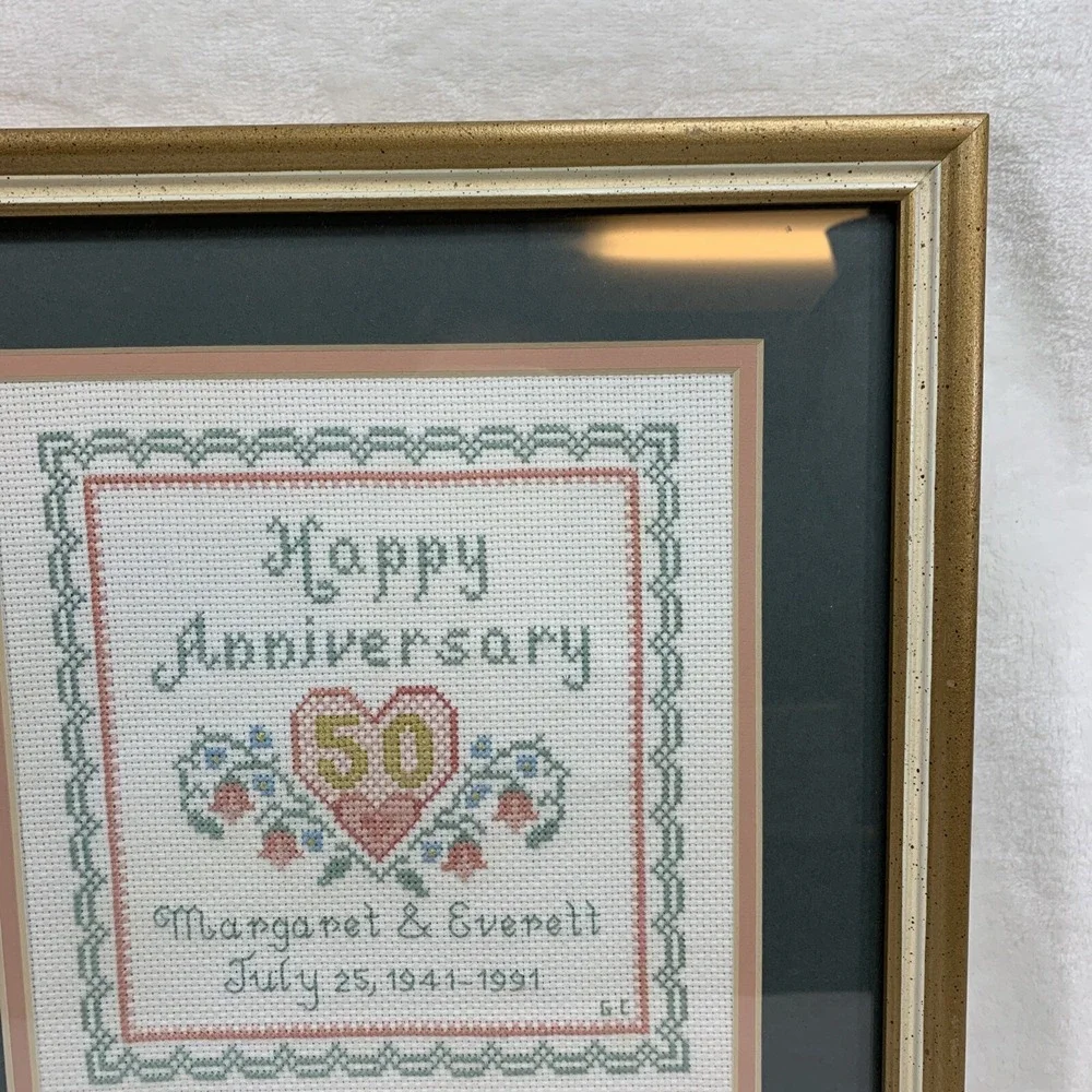 Vtg Framed Completed Cross Stitch 50th Happy Anniversary Floral Heart 12